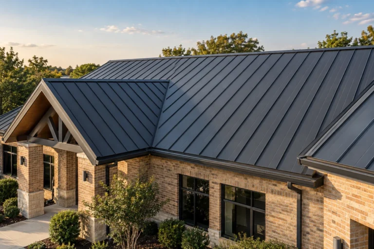 Charcoal standing seam metal roof on a brick commercial building