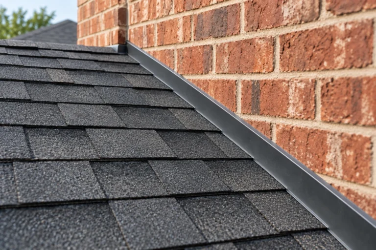 Roof flashing at the junction of charcoal shingles and a brick wall