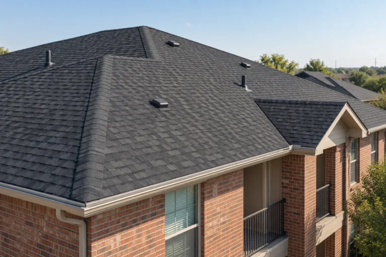 Charcoal architectural shingle roof on a brick multifamily building