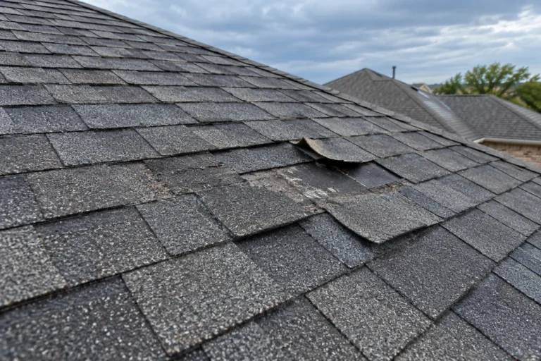 Wind-damaged asphalt shingles with a small lifted and missing section